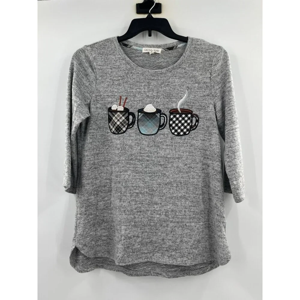 Cactus + Pearl Sweater Hi Low Women’s Medium Embroidery Grey Coffee Hot Cocoa